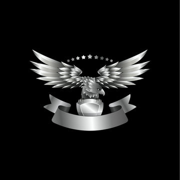 Chrome metal Eagle emblem with ribbon. Heraldic eagle with spread wings template and the jewel in its claws.