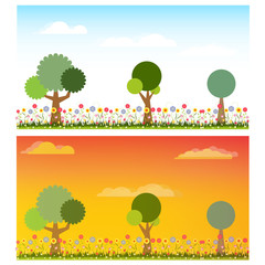 Two landscape of flower and tree nature in a day and evening time vector illustration