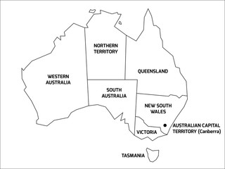 Simplified map of Australia divided into states and territories. Black outline map with labels. © pyty