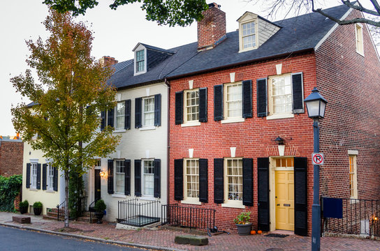 Traditional Brick Houses in Alexandria Old Town, Virginia, at Sunset