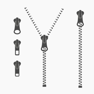 Vector icon closed and open zipper,	
fastener. Set of zipper. Metal zip - Vector illustration.

