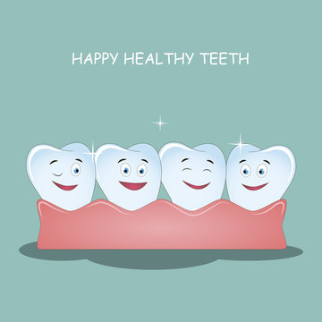 Happy healthy teeth. Vector illustration. Illustration for children dentistry and orthodontics. Image of happy teeth with gums.
