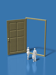 Male and female business figures standing in front of open doors