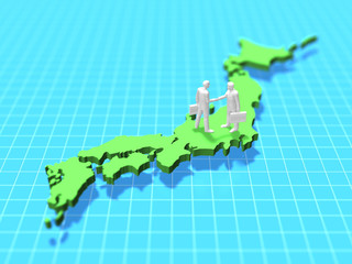 Business figure to shake hands on Japan map