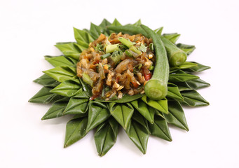 Northern Thai Food on green banana leaf basket