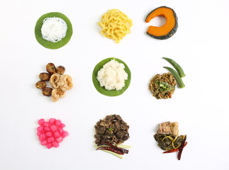 Set of nine Northern Thai Food on green banana leaf basket