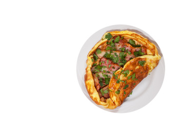 omelet with bacon. top view. isolated on white