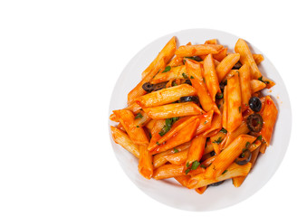 Penne pasta with tomato sauce. top view. isolated on white