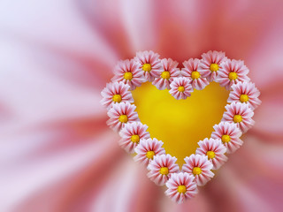 red heart  of flowers  on  red-white blurred  background.  floral composition. card for the holiday.  Nature.