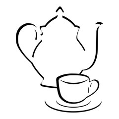 Teacup and brewing teapot on a white background.