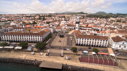 Fototapeta na wymiar Aerial view of city center and Praca da Republica in Ponta Delgada, Azores, Portugal.