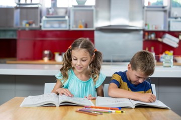 Fototapeta premium Siblings doing homework in kitchen