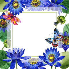 Wildflower blue lotus flower frame in a watercolor style isolated.