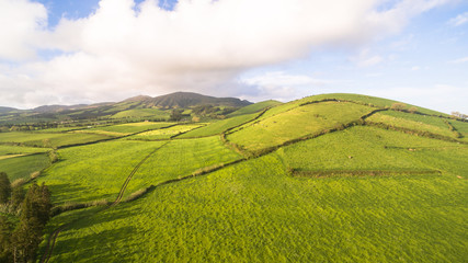 Aerial view of farm fields in the Sao Miguel Island in Azores, Portugal wide angle