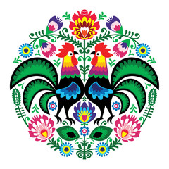 Polish folk art floral embroidery with roosters, traditional pattern - Wycinanki Lowickie 
