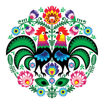 Polish folk art floral embroidery with roosters, traditional pattern - Wycinanki Lowickie 