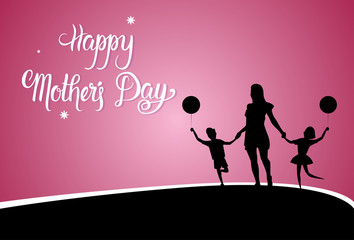 Fototapeta na wymiar Happy Mother Day, Silhouette Mom Holding Children Hands, Spring Holiday Greeting Card Banner Flat Vector Illustration