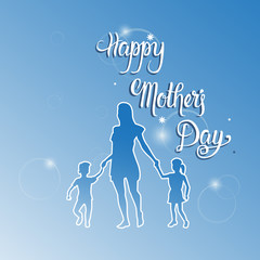 Happy Mother Day, Silhouette Mom Holding Children Hands, Spring Holiday Greeting Card Banner Flat Vector Illustration