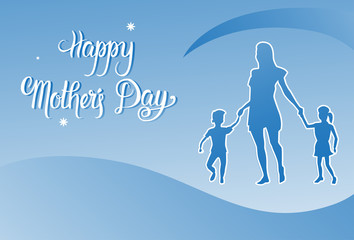 Happy Mother Day, Silhouette Mom Holding Children Hands, Spring Holiday Greeting Card Banner Flat Vector Illustration
