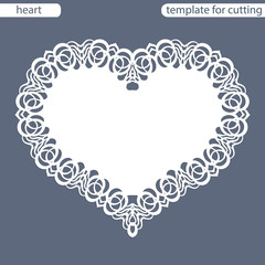 Greeting card with openwork border, paper doily under the cake, template for cutting in the form of heart, valentine card,  wedding invitation, decorative plate is laser cut,  vector illustrations.