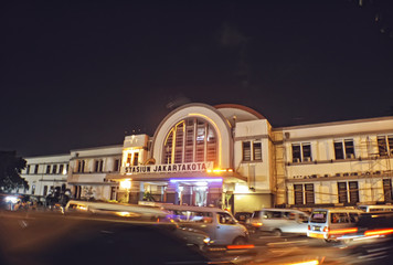 Traffic jam in front of Jakarta Kota Station at night