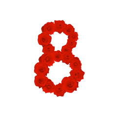 The letter number eight or 8, in the Alphabet bloom red roses illustration set isolated on white background, vector eps10