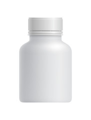 Blank white plastic drug container isolated on white background vector illustration. Packaging design element for branding.
