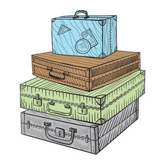 Hand drawn watercolor illustration of Vintage suitcases in sketch style