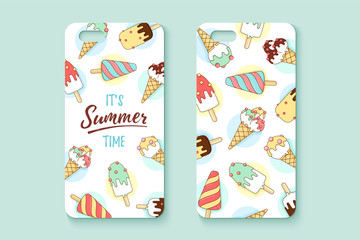 Template phone case with icecream and text Summer. Pattern with colorful icons ice-cream and popsicle in line graphic. Concept design for case and cover smartphone. Vector Illustration