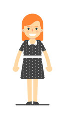 Smiling young redhead girl in black dress isolated on white background vector illustration. People personage in flat design.