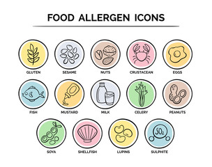 Food safety allergy icons set. 14 food ingredients that must be declared as allergens in the EU. EPS 10 vector. Useful for restaurants and meals.