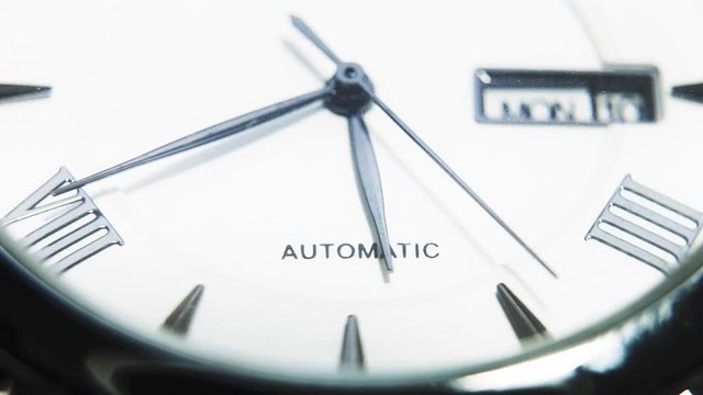 Business luxury white wristwatch with dials (second, minute, hours, calendar) in close up with blurred background