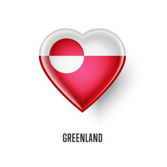 Patriotic heart symbol with Greenland flag vector illustration isolated on white background. Love Greenland design element or shiny logo, glossy button.