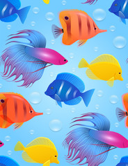 Seamless texture with sea tropical fish and bubbles. Vector bright pattern for wrapping paper, wallpaper and your design