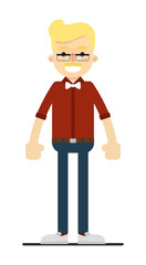 Smiling blond boy in bow tie, shirt and pants isolated on white background vector illustration. People personage in flat design.