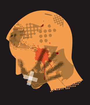 Male head silhouette Victim of violence.
Young man grunge silhouette with hand print on the face and with taped mouth. Vector available.