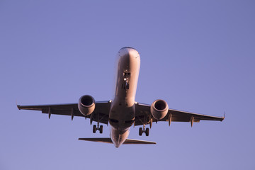 夕陽に輝く旅客機