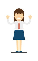 Cheerful young woman with hands up gesture isolated on white background vector illustration. Beautiful pretty school girl in blouse and skirt in flat design.