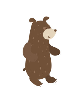 Funny brown bear personage vector illustration isolated on white background. Cute wild animal, zoo wildlife character in cartoon style.