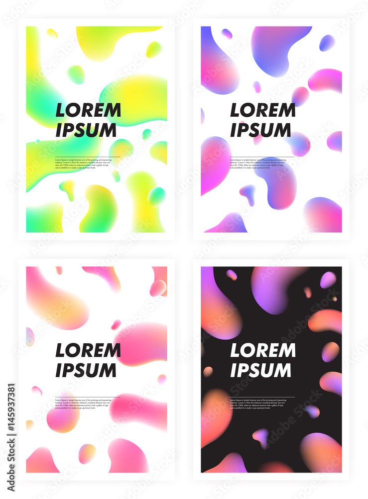 Poster Set of vertical abstract backgrounds with liquid bright plasma drops. Cover templates collection with colorful fluid shapes. vector illustration.