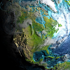 North America on physical map in the morning