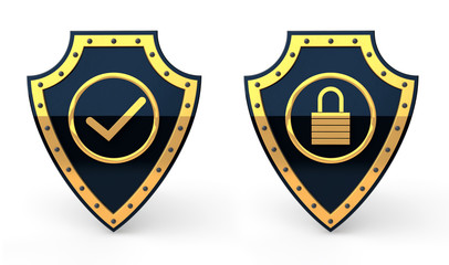 3D rendering of two shields with lock and tick mark symbols