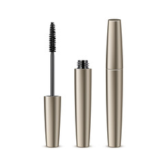 Vector Opened Closed Black Realistic Mascara in Brown Golden Shiny Tube Isolated on Background