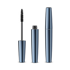 Vector Opened Closed Black Realistic Mascara in Blue Shiny Tube Isolated on Background