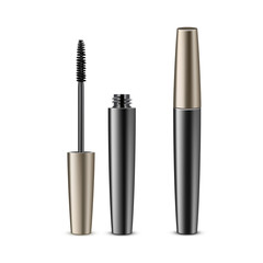 Vector Opened Closed Black Mascara in Dark Golden Shiny Tube Isolated on White Background