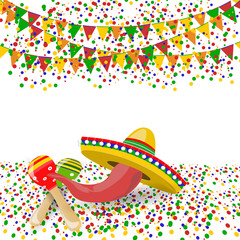 Cinco de Mayo. Red pepper, maracas, sombreros. Confetti and festive flags. illustration