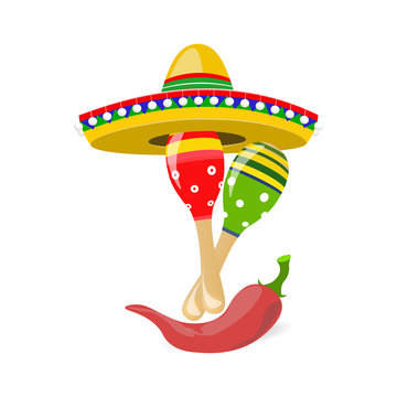 Cinco de Mayo. Fun holiday. Sombrero, maracas and red peppers. illustration