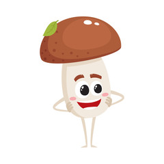 Funny porcini mushroom character with smiling human face standing arms akimbo, cartoon vector illustration isolated on white background. Smiling porcini mushroom character standing and smiling