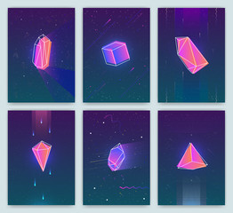 Bright backgrounds with retro futuristic neon space and crystals. Trendy posters of 80s style. vector cards collection.