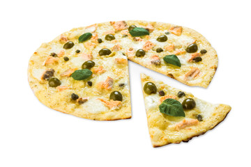 Delicious seafood pizza with salmon and olives